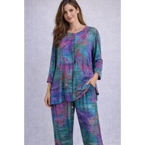 Tropical Tantrum Hawaii 2 Pc Set M-L Floral Tunic Top Pants Resort Lounge Boho